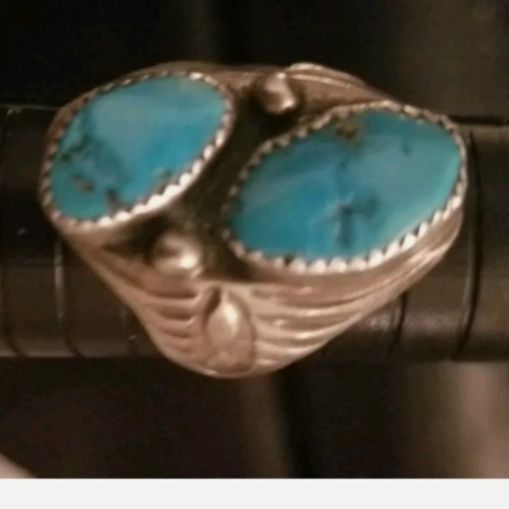 Native American Navajo Kingman Turquoise Ring 2 Stone Sterling Silver